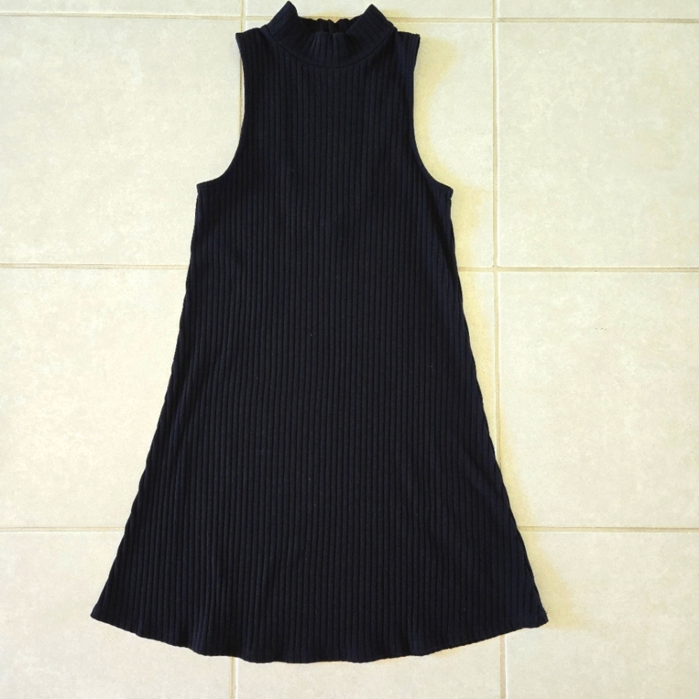 NWT American Eagle XS Short Ribbed Knit Mock Neck Open Back Black Mini Dress